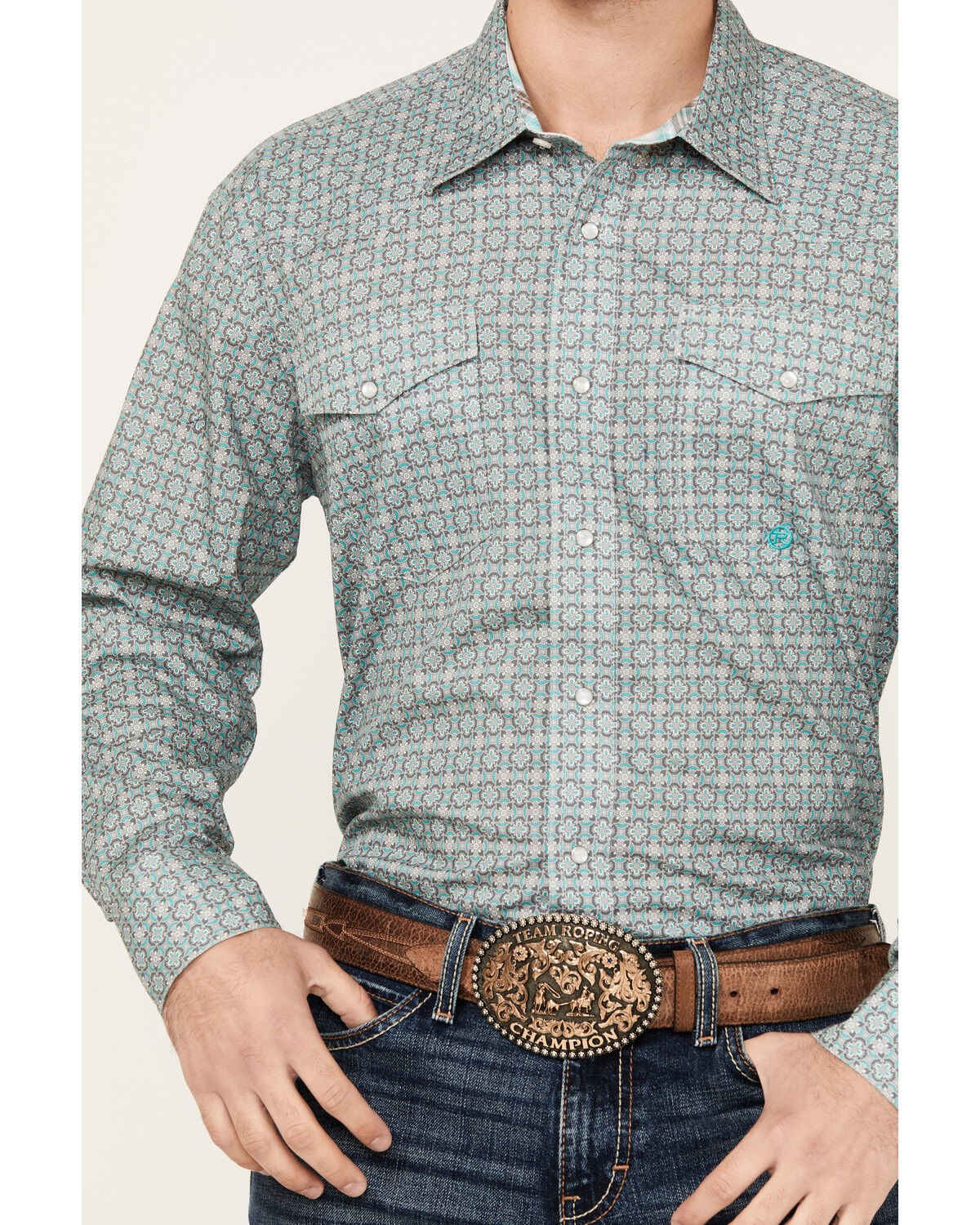 Image #3 - Roper Men's Amarillo Medallion Print Long Sleeve Snap Western Shirt, Grey, hi-res