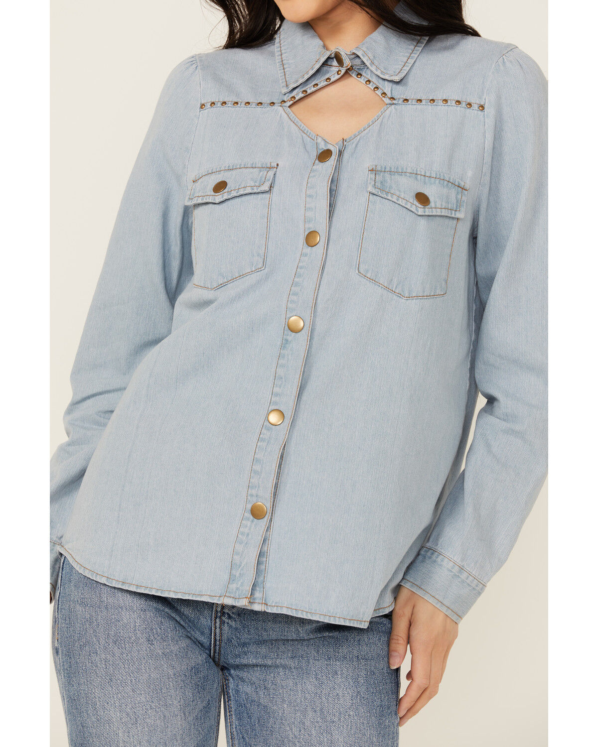 Image #3 - Blue B Women's Light Wash Studded Keyhole Long Sleeve Snap Denim Shirt, Blue, hi-res
