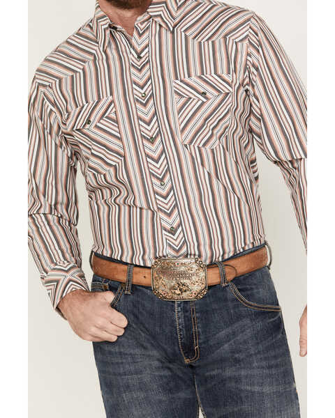 Image #3 - Wrangler Men's Silver Edition Striped Print Long Sleeve Pearl Snap Western Shirt, Rust Copper, hi-res