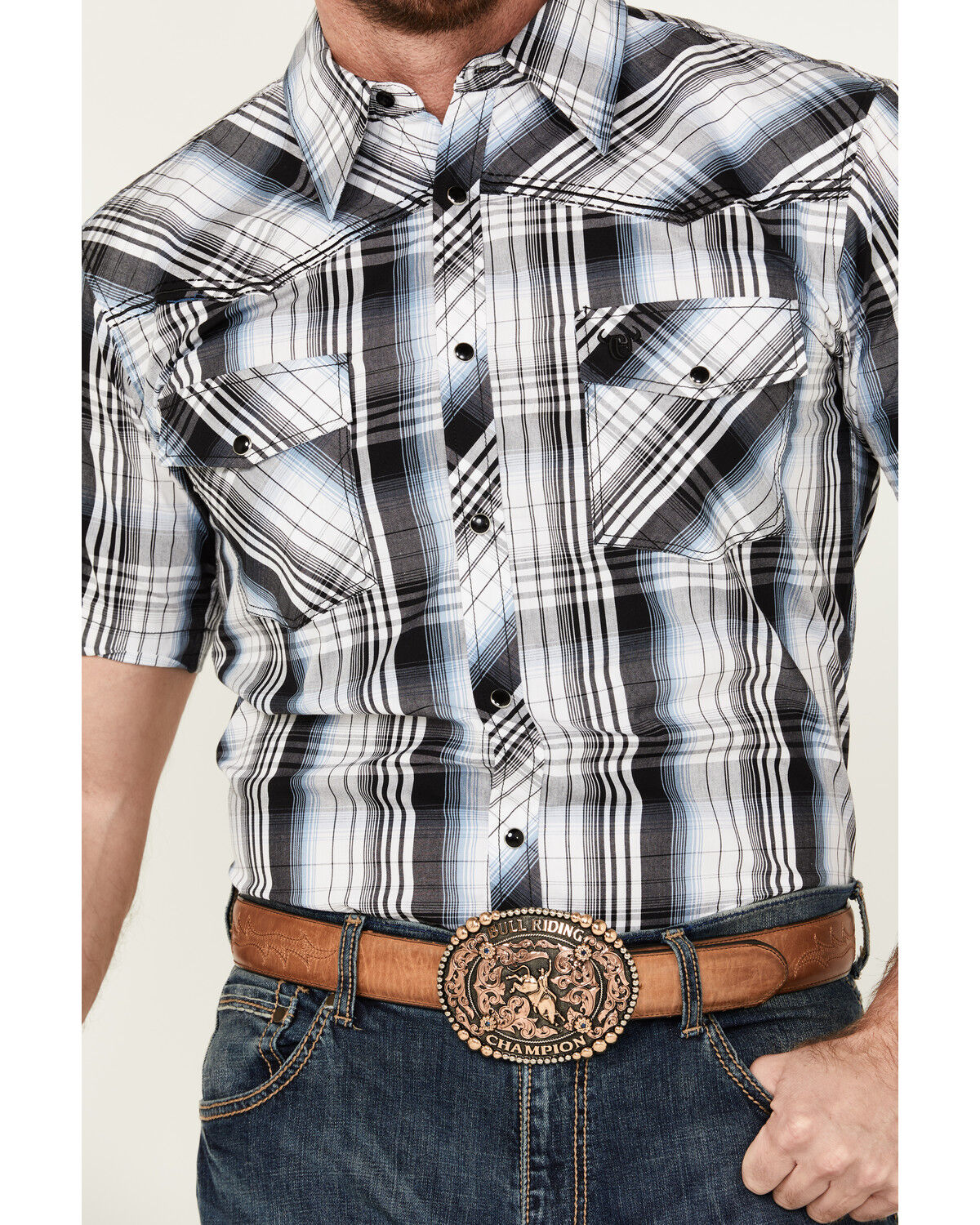 Image #3 - Cowboy Hardware Men's Hermosillo Gradient Plaid Print Short Sleeve Pearl Snap Western Shirt, Black, hi-res