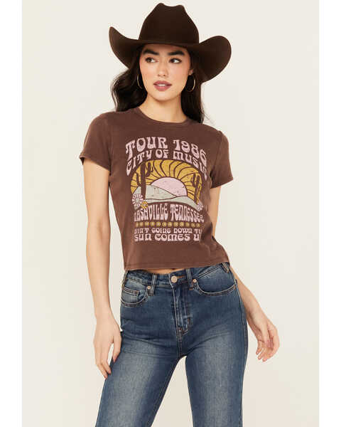 Image #1 - Cleo + Wolf Women's Auggie Short Sleeve Boxy Graphic Tee , Brown, hi-res