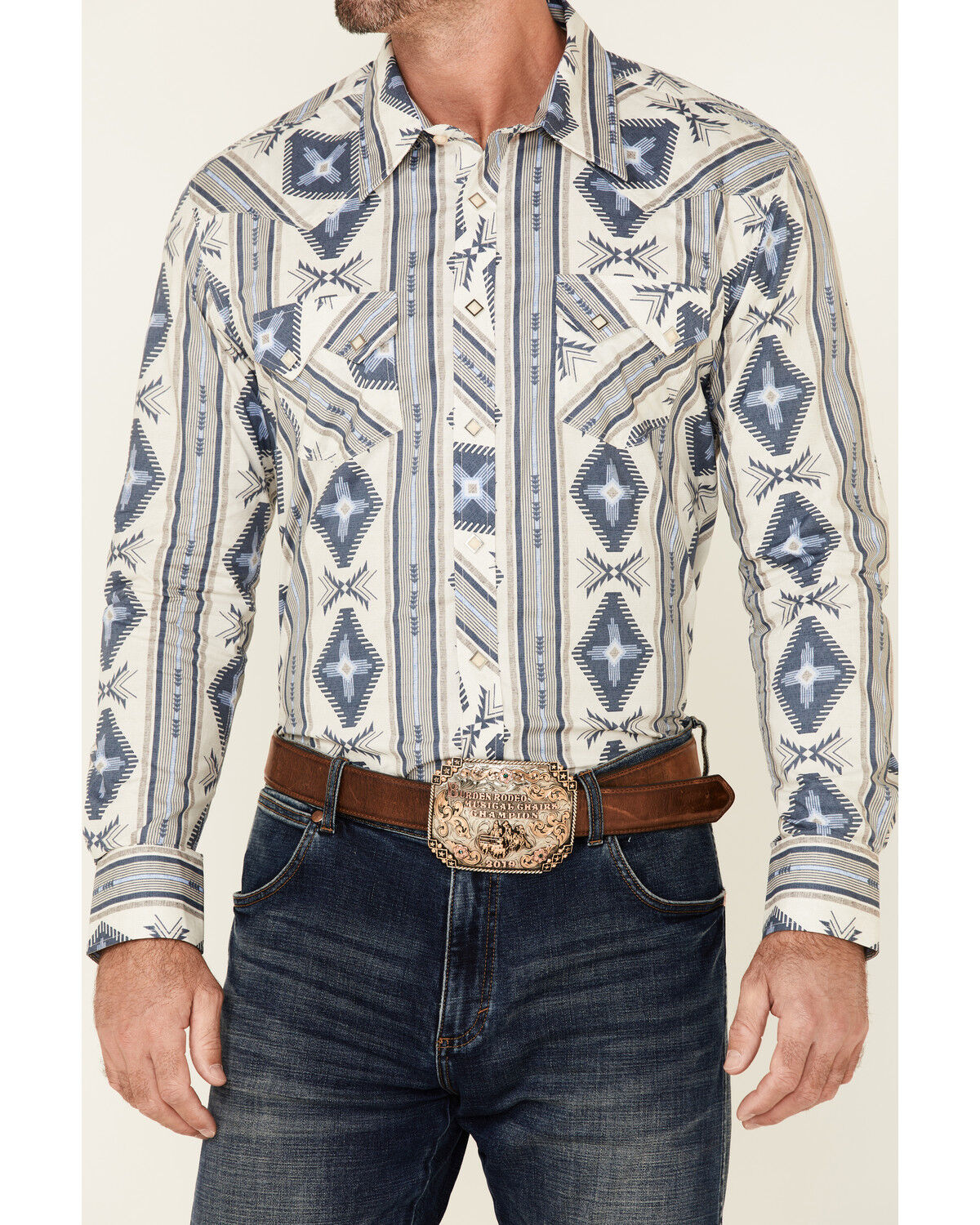 Image #3 - Rock & Roll Denim Men's Navy Southwestern Print Long Sleeve Snap Western Shirt, , hi-res