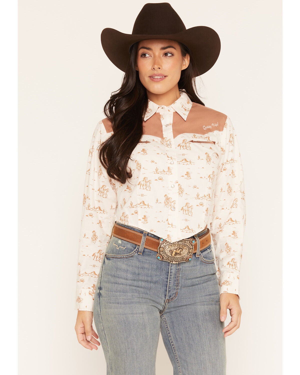 Image #1 - Ely Walker Women's Boot Barn Exclusive Western Conversational Print Long Sleeve Pearl Snap Cropped Western Shirt, Ivory, hi-res