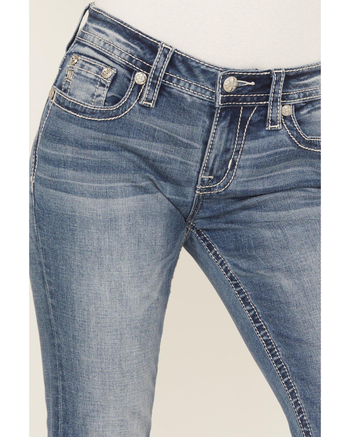 Image #4 - Miss Me Women's Dark Wash Mid Rise Patchwork Flap 32" Bootcut Stretch Denim Jeans, Dark Wash, hi-res