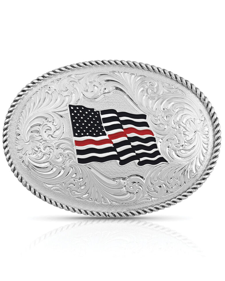 Montana Silversmiths Thin Red Line Flag Buckle, Silver, hi-res