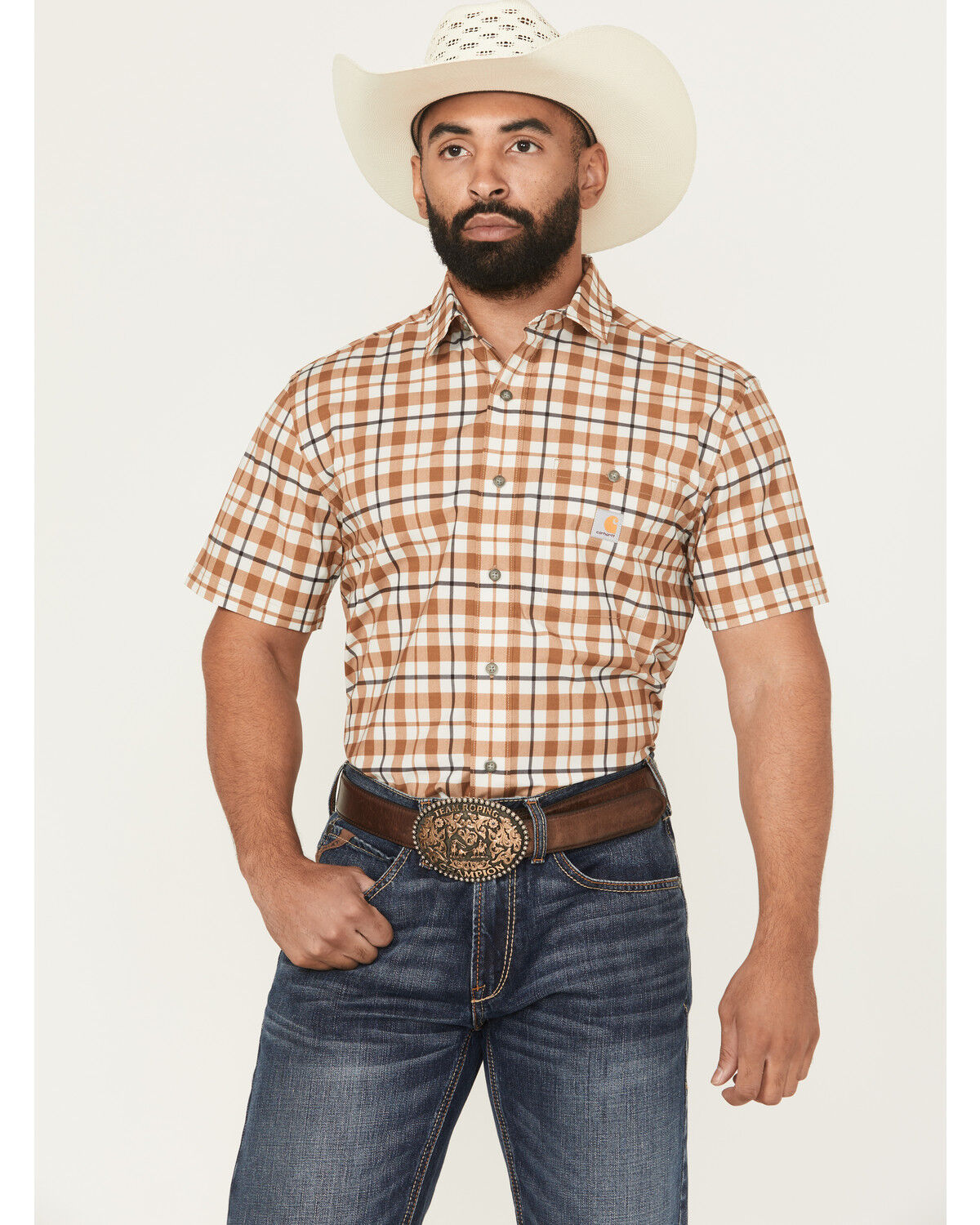 Image #1 - Carhartt Men's Force® Sun Defender™ Relaxed Fit Lightweight Plaid Print Short Sleeve Button-Down Work Shirt, Brown, hi-res