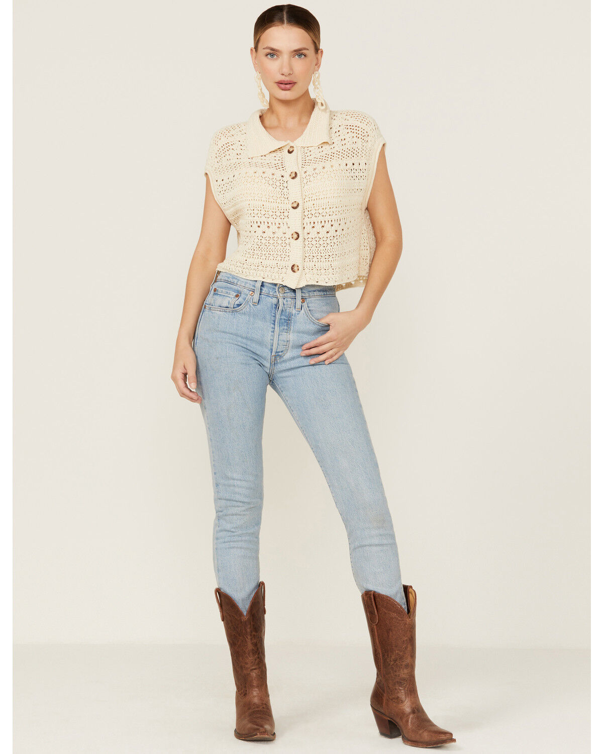 Image #5 - Beyond The Radar Women's Cream Crochet Sleeveless Sweater Top, Cream, hi-res