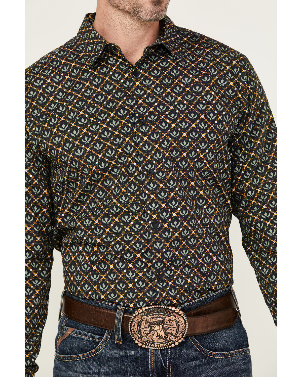 Image #3 - Gibson Men's Fleur de Lis Floral Print Long Sleeve Button-Down Western Shirt, Navy, hi-res
