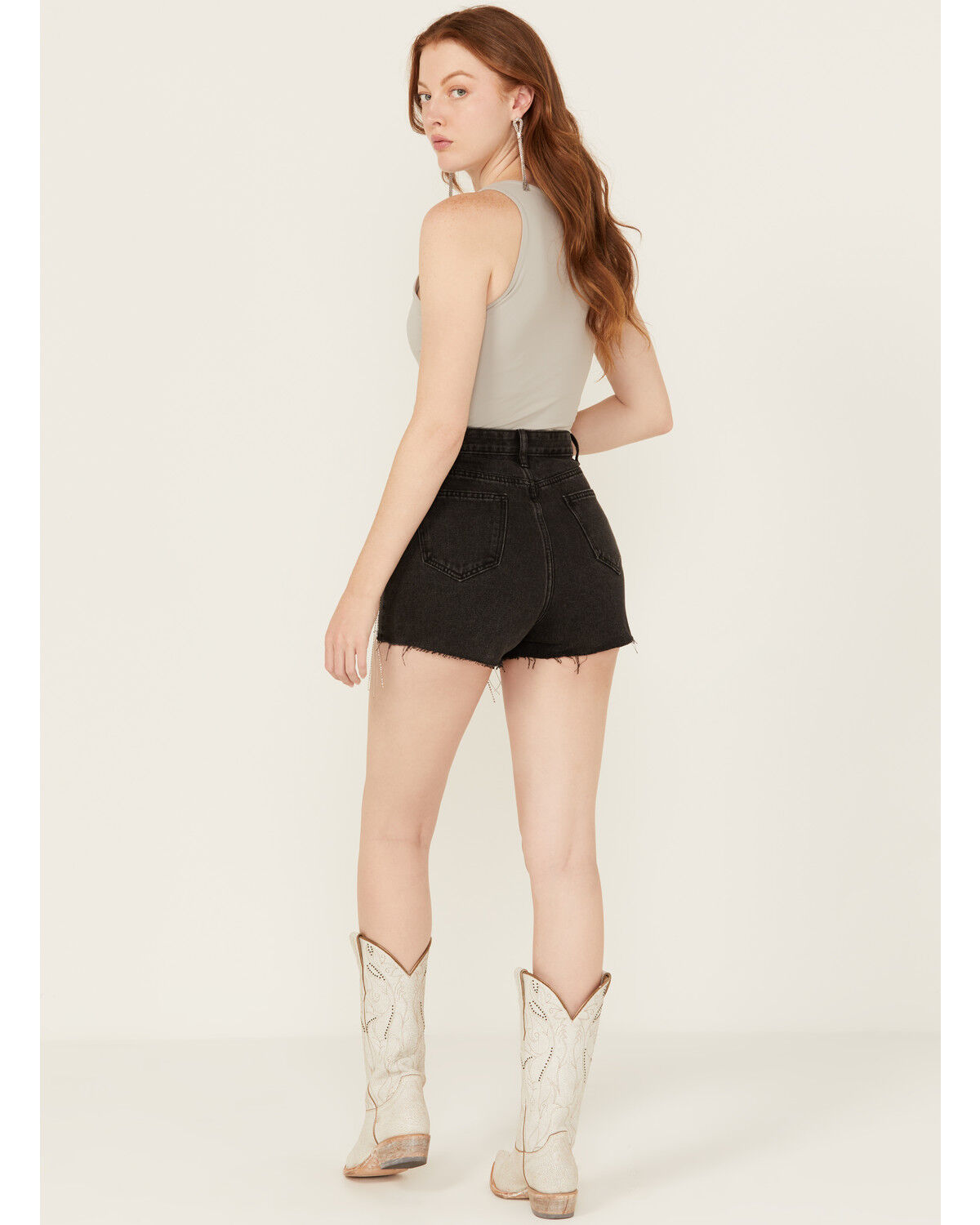 Image #4 - Blue B Women's High Rise Pocket Rhinestone Fringe Denim Shorts, Charcoal, hi-res