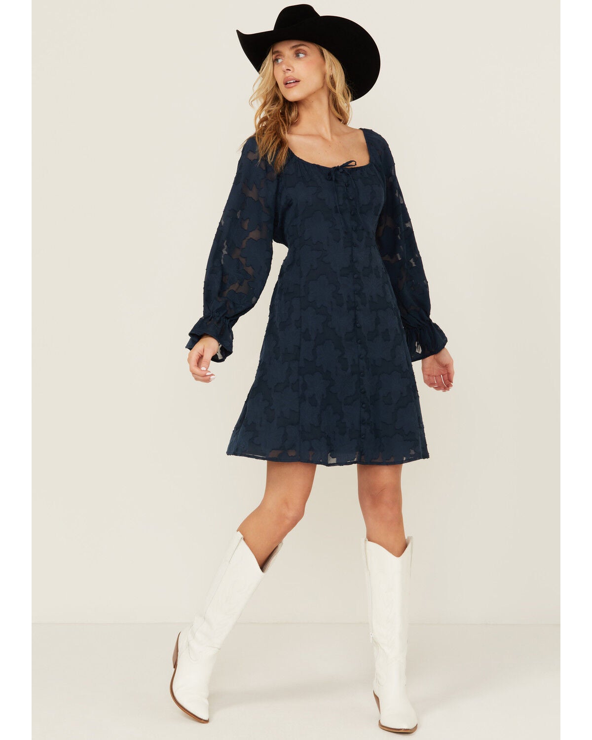Shyanne Women's Floral Print Long Sleeve Button-Down Mini Dress, Navy, hi-res