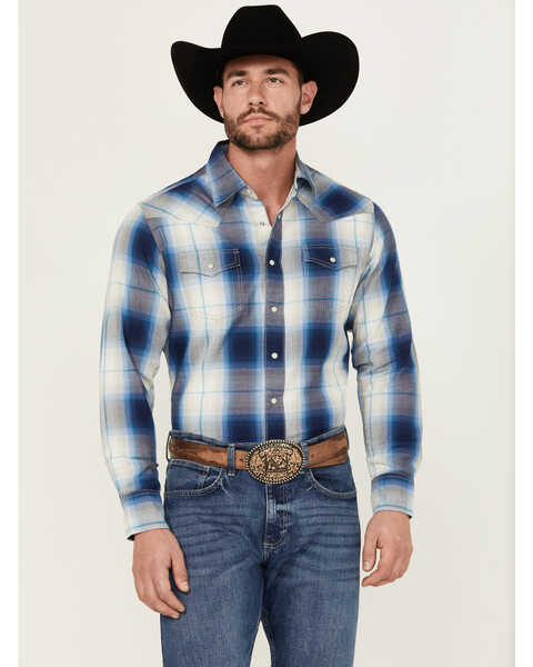 Wrangler Retro Men's Premium Plaid Print Long Sleeve Snap Western Shirt , Blue, hi-res