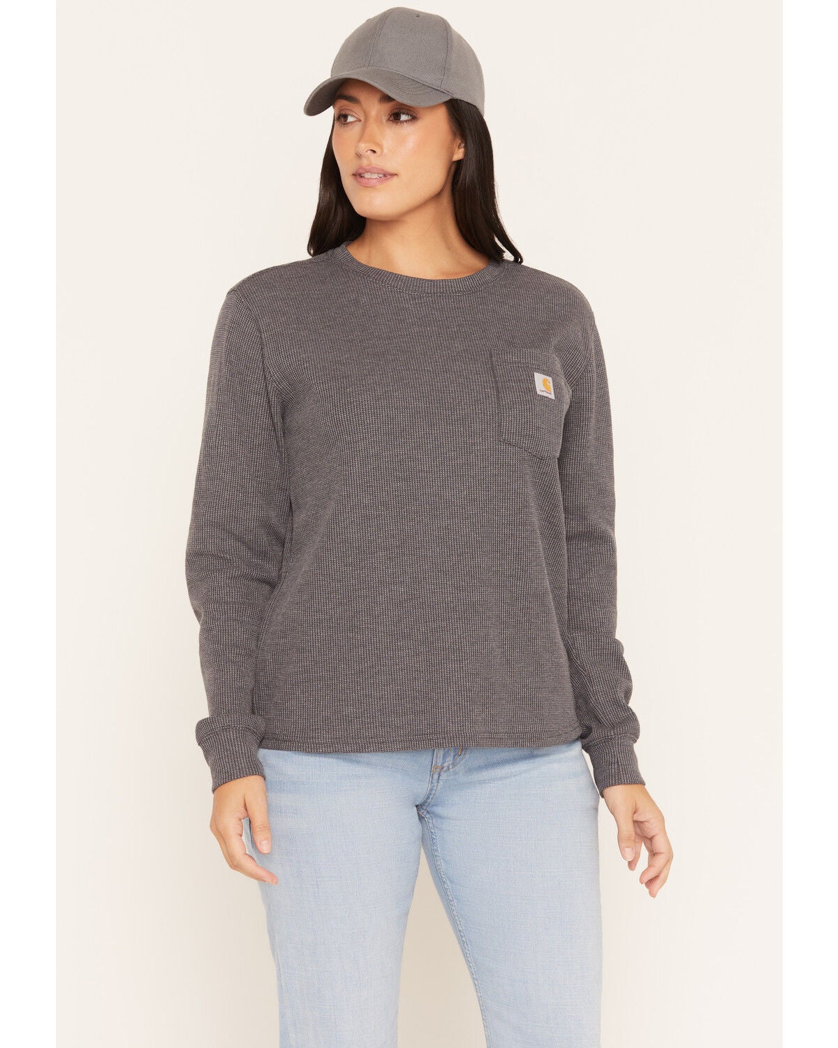 Image #1 - Carhartt Women's Waffle Knit Loose Fit Long Sleeve Work Shirt, Grey, hi-res