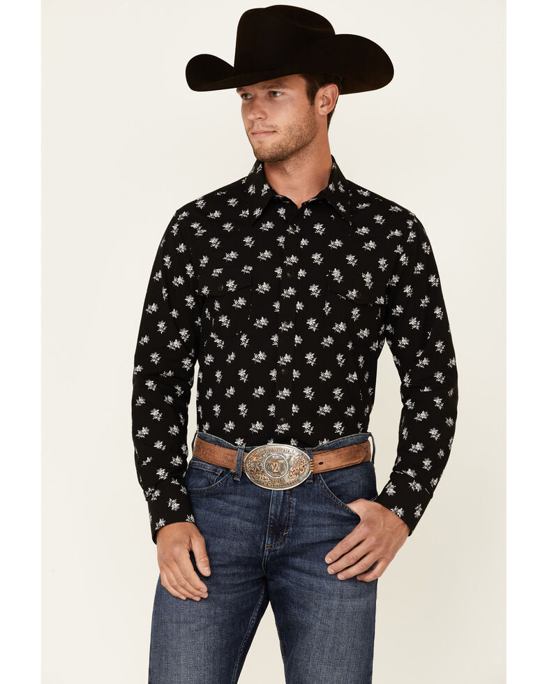 Rock & Roll Denim Men's Black Vintage Floral Print Long Sleeve Snap Western Shirt , Black, hi-res