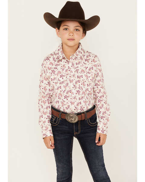 Shyanne Girls' Floral Paisley Print Long Sleeve Western Snap Shirt, Ivory, hi-res