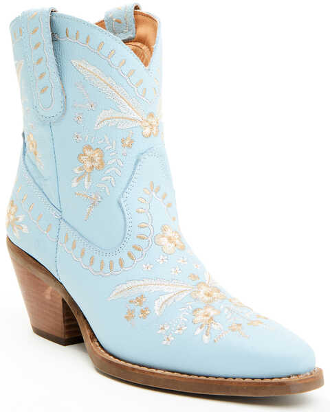 Image #1 - Dingo Women's Primrose Embroidered Leather Western Fashion Booties - Snip Toe , Blue, hi-res