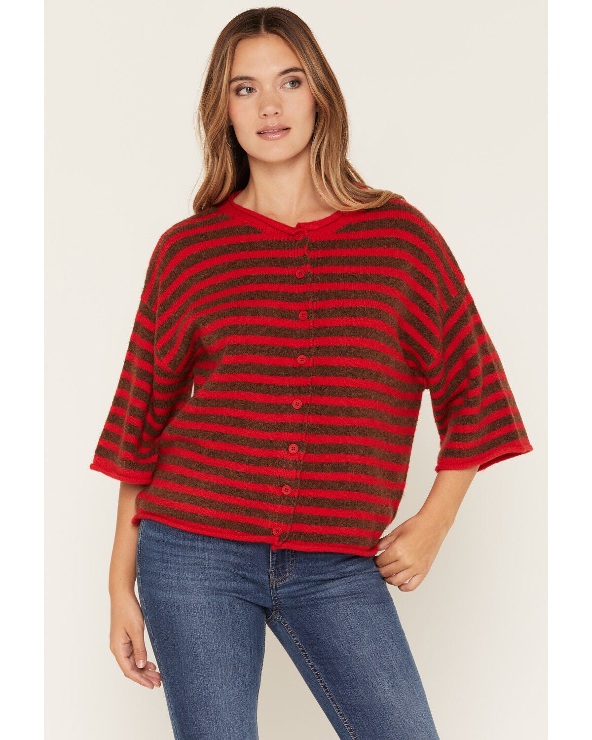 By Together Women's Striped Short Sleeve Button-Down Sweater, Red, hi-res