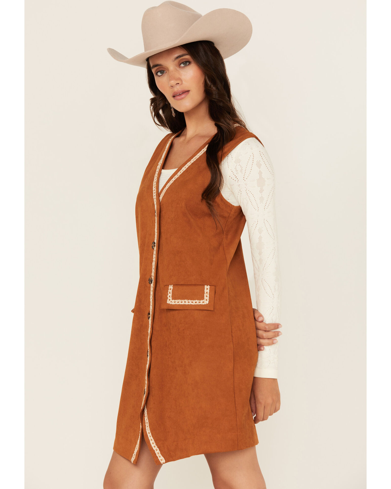 Image #2 - Miss Me Women's Embroidered Faux Suede Sleeveless Button-Down Mini Dress, Camel, hi-res