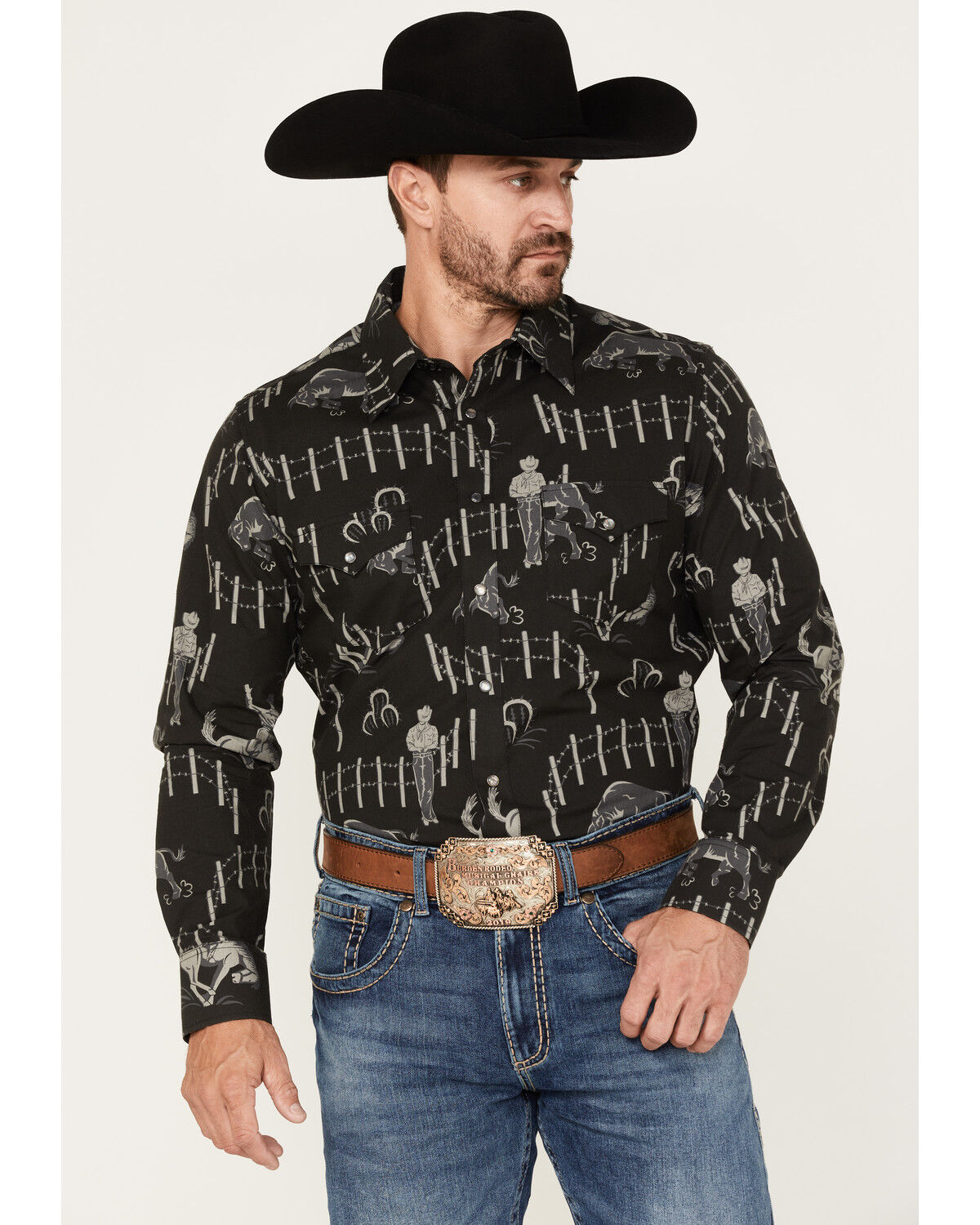 Image #1 - Rock & Roll Denim Panhandle Men's Vintage 46 Print Long Sleeve Snap Shirt, Black, hi-res