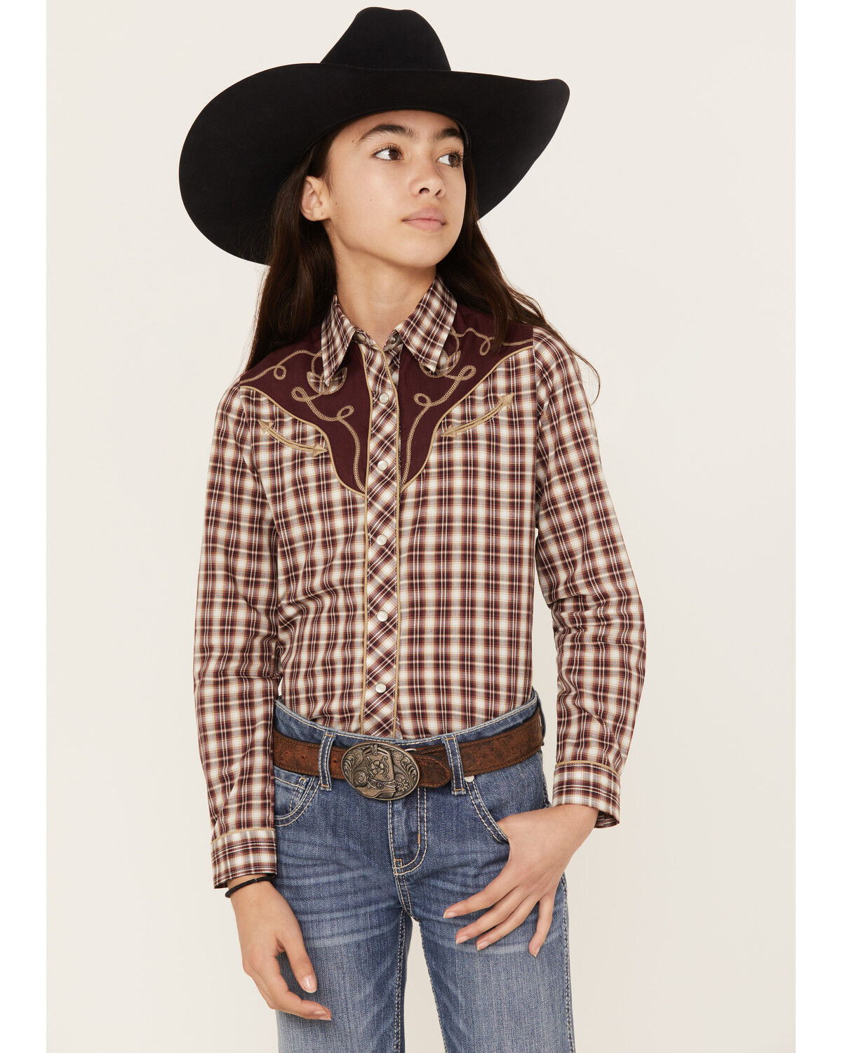 Image #1 - Roper Girls' Plaid Print Long Sleeve Pearl Snap Western Shirt, White, hi-res