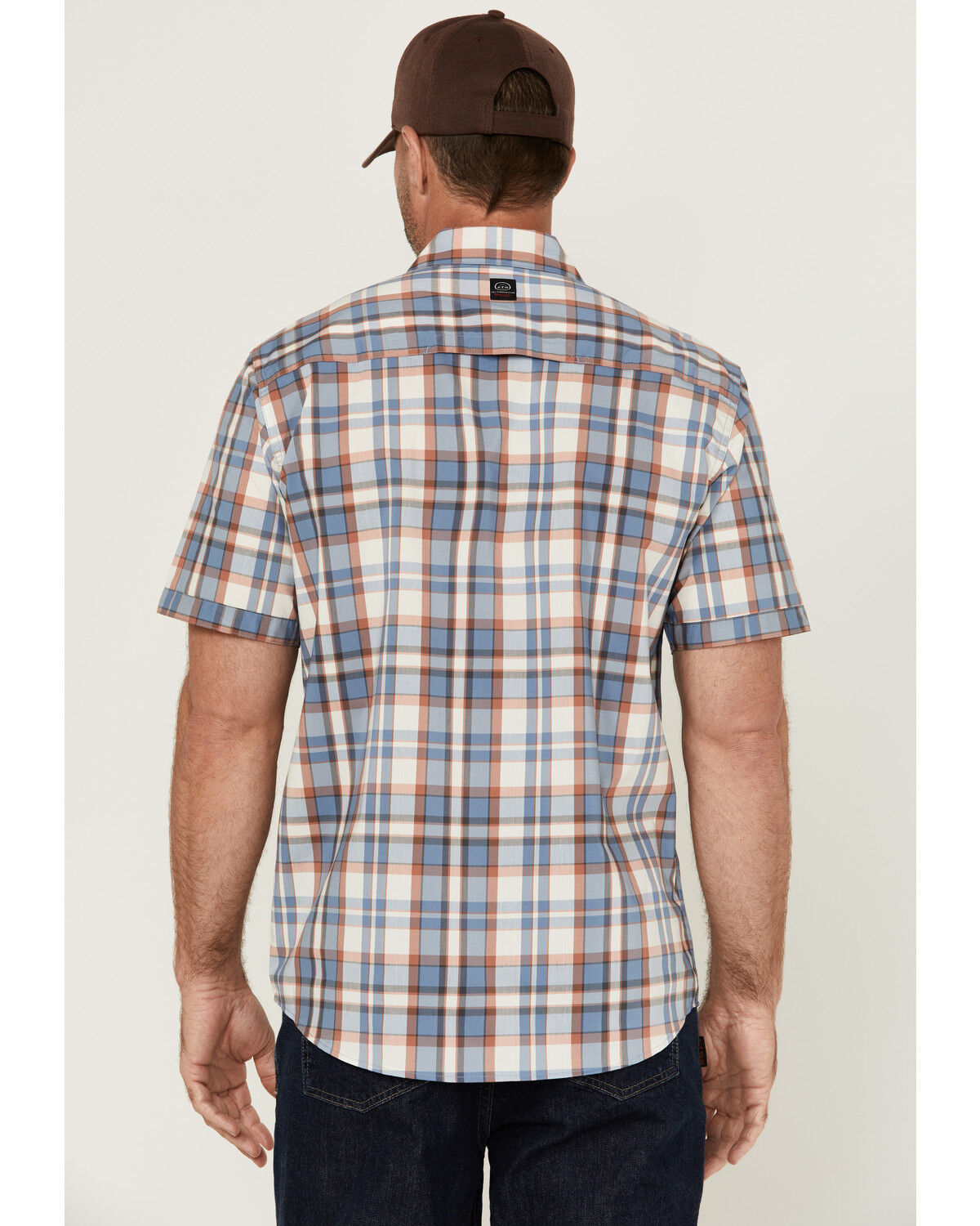 Image #4 - ATG by Wrangler Asymmetric Plaid Print Short Sleeve Button-Down Performance Western Shirt, Light Blue, hi-res