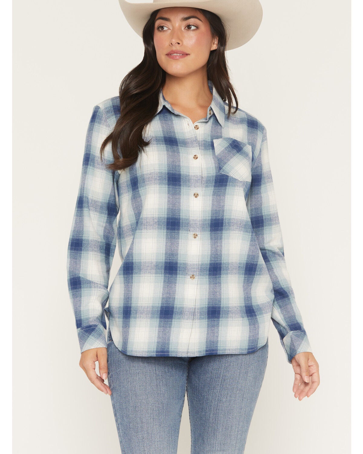 Image #1 - Shyanne Women's Junction Plaid Print Long Sleeve Button-Down Flannel Shirt, Navy, hi-res