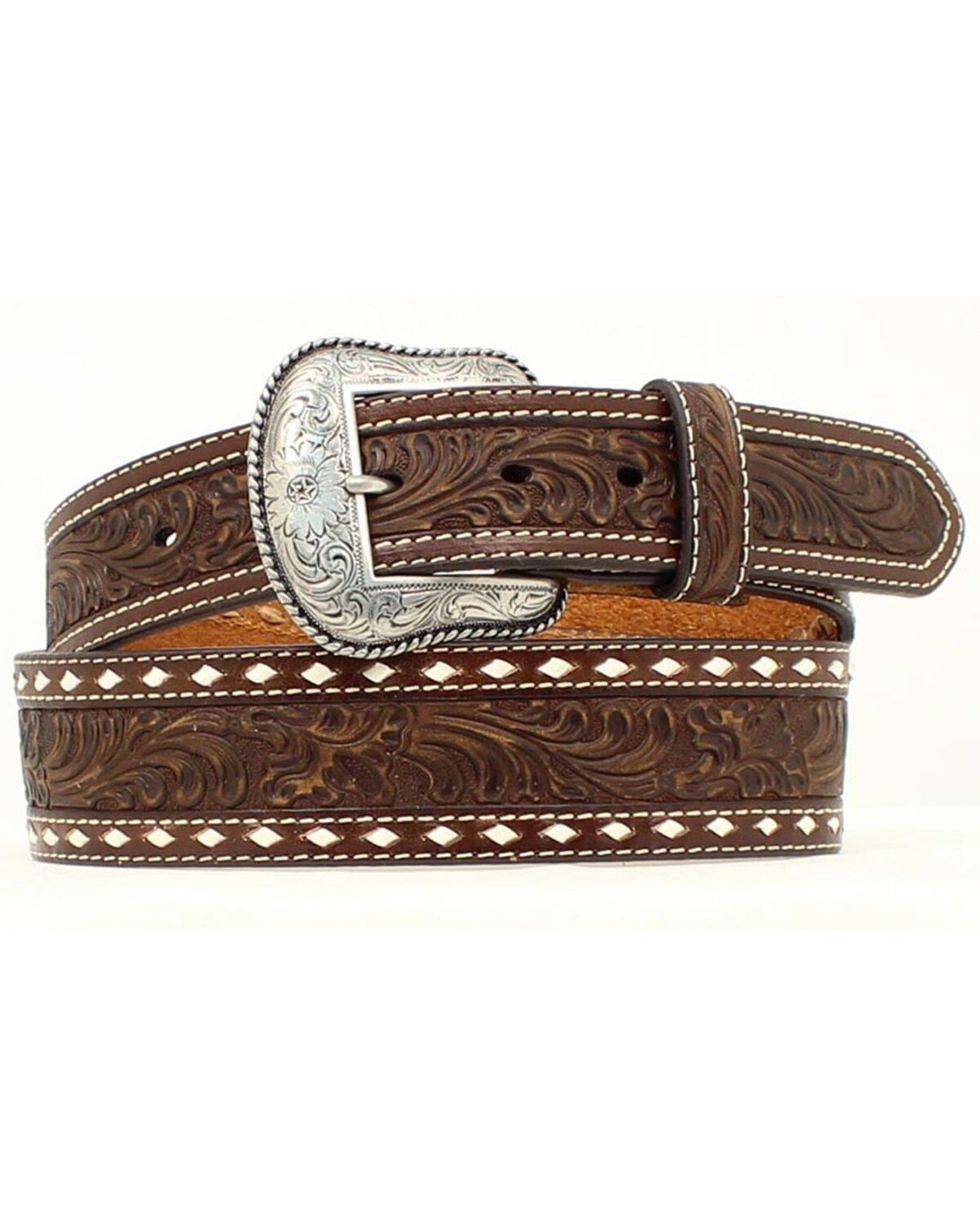 Nocona Belt Co. Men's Tapered Floral Tooled Western Belt, Brown, hi-res