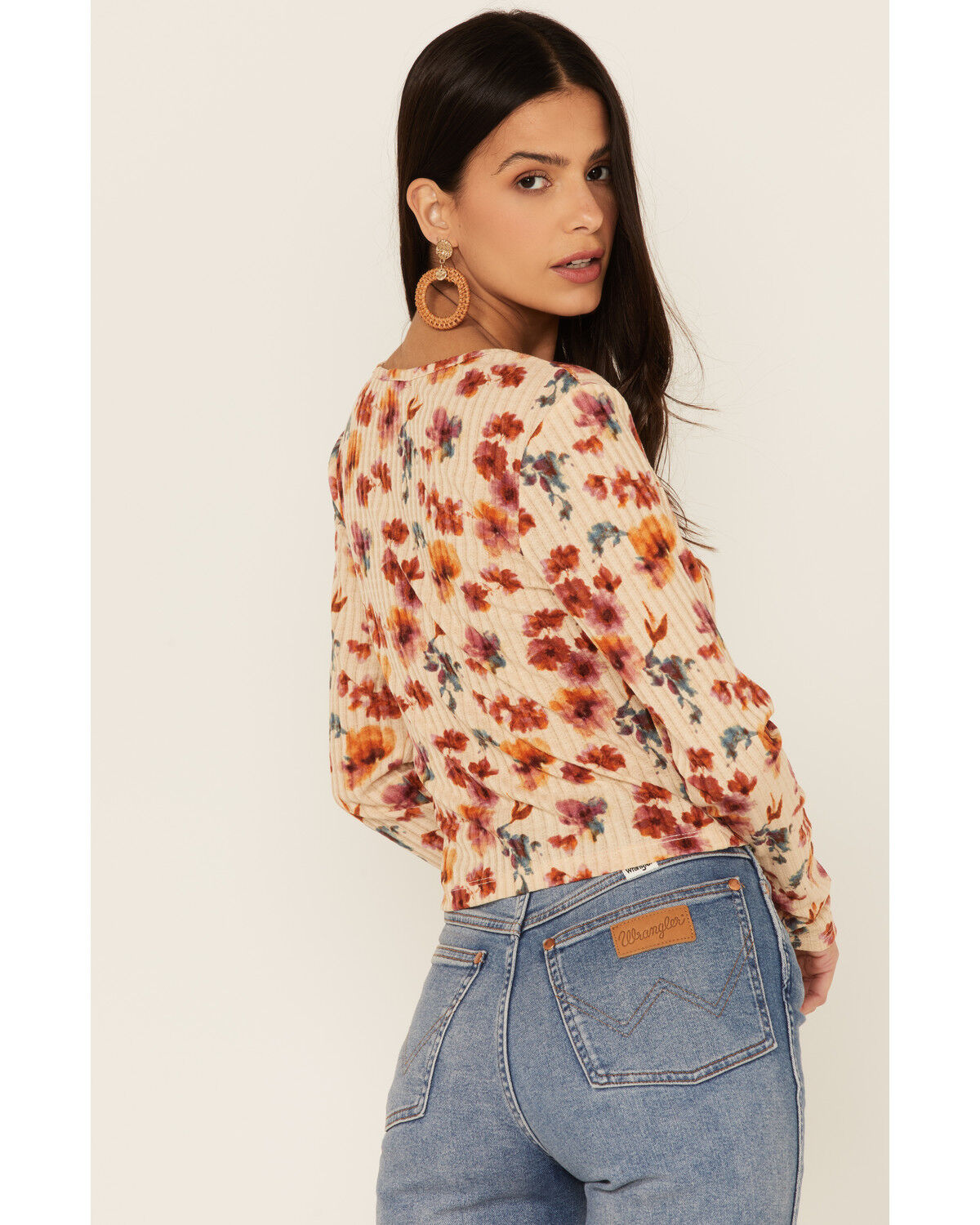 Image #3 - Wild Moss Women's Rust Long Sleeve Floral Button Cinch Front Knit Top, Rust Copper, hi-res