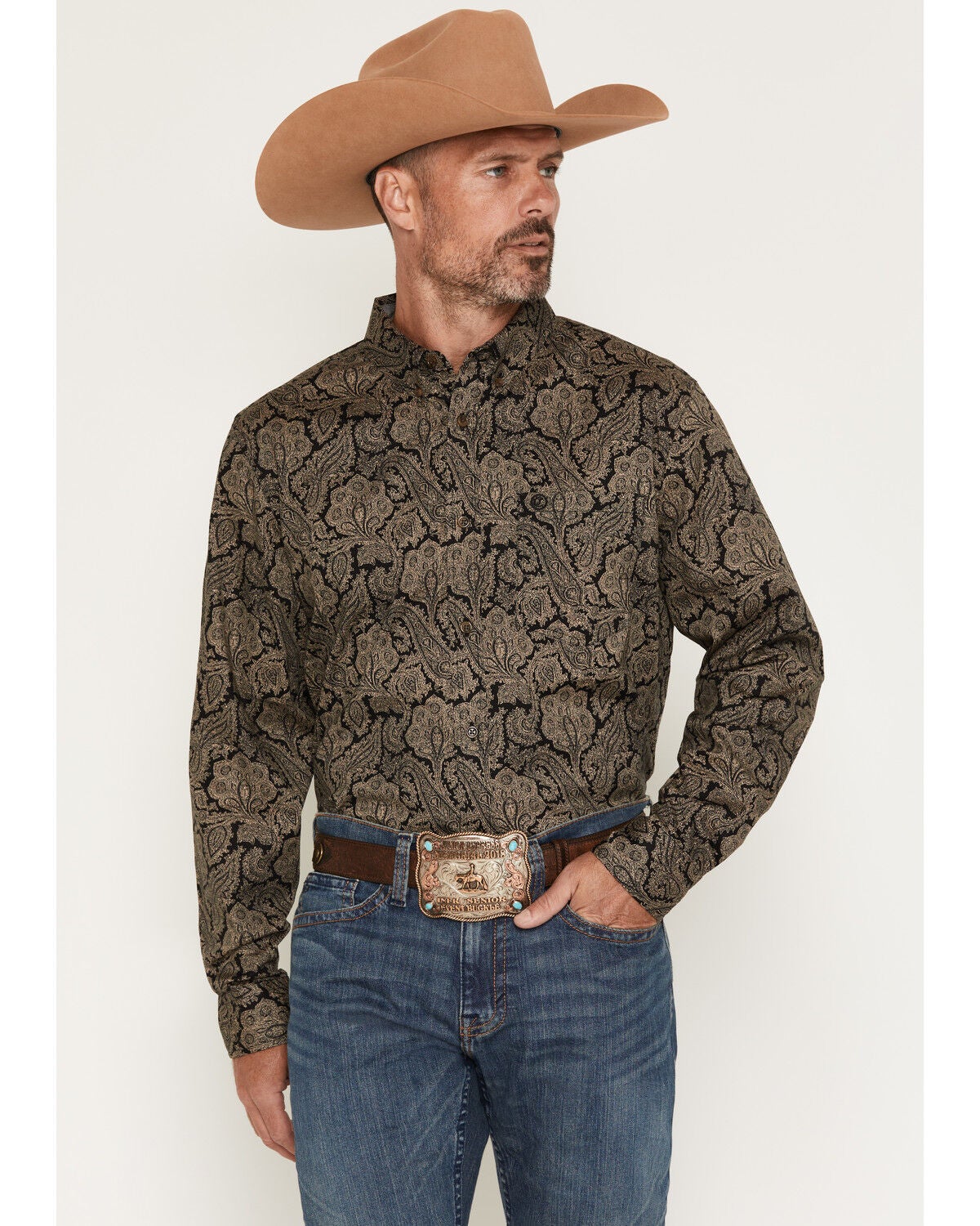 Image #1 - Cody James Men's Botanical Paisley Print Long Sleeve Button-Down Stretch Western Shirt, Khaki, hi-res