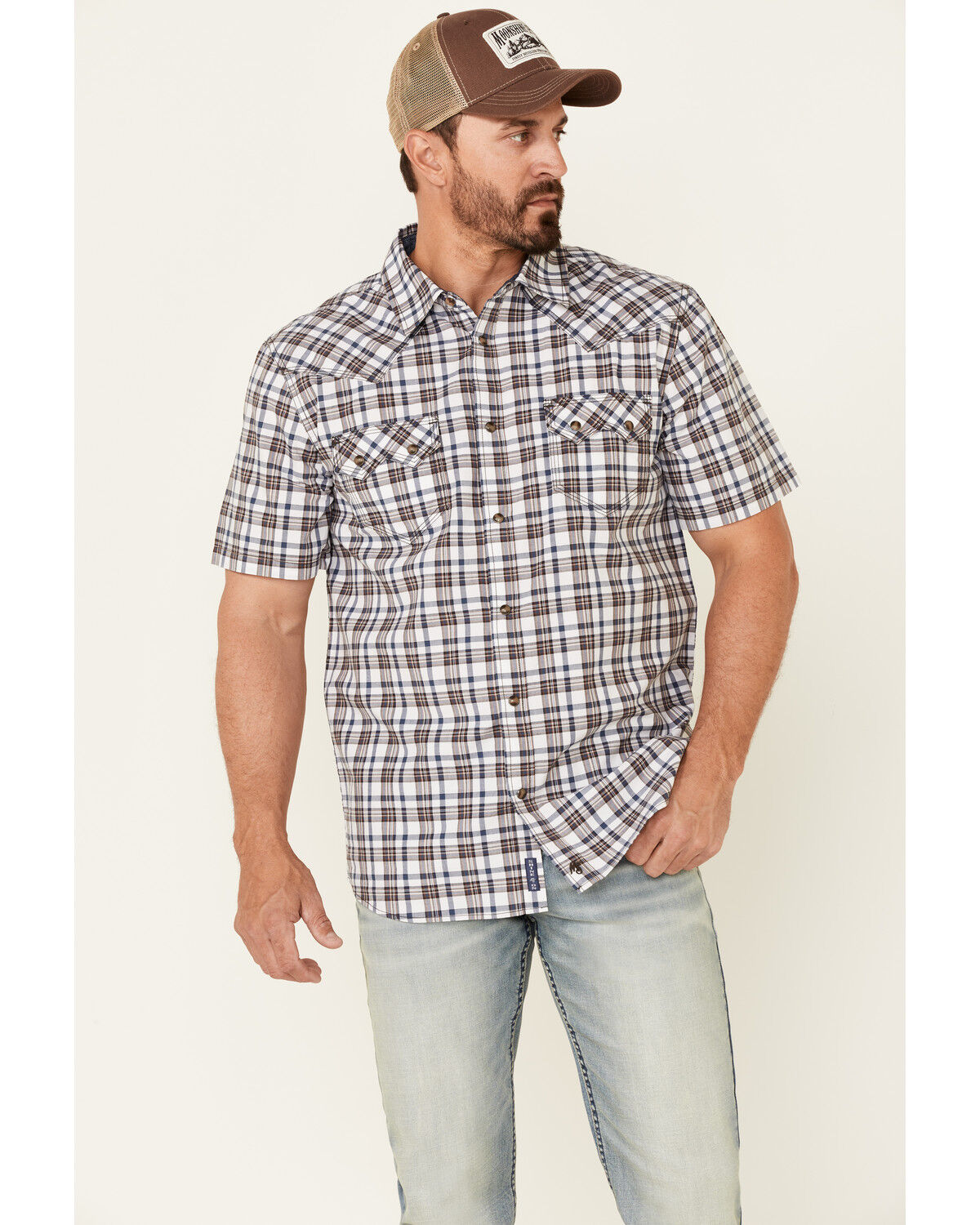 Image #1 - Moonshine Spirit Men's Fence Post Plaid Short Sleeve Snap Western Shirt, White, hi-res