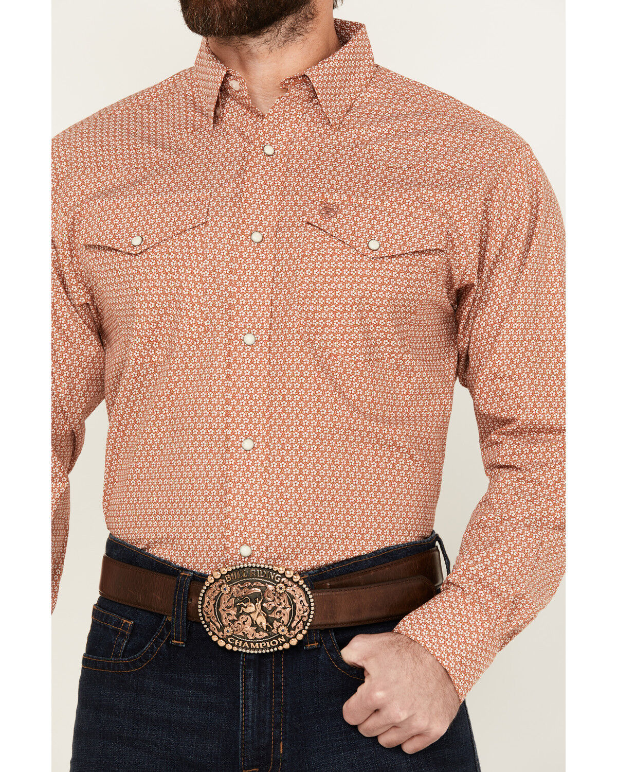 Image #3 - Ariat Men's Easton Geo Print Long Sleeve Pearl Snap Western Shirt, Coral, hi-res