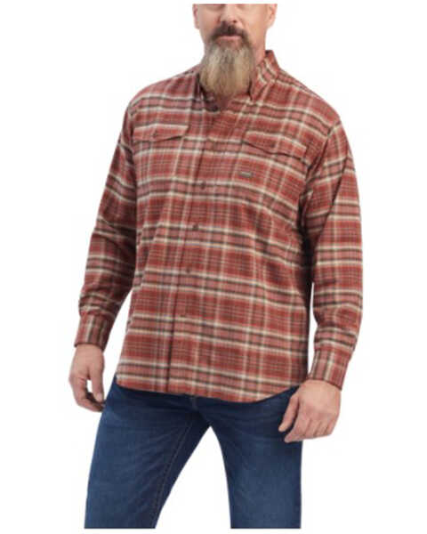 Ariat Men's Rebar Plaid DuraStretch Button-Down Flannel Work Shirt , Burgundy, hi-res