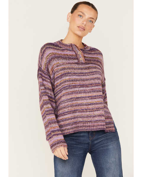 Cleo + Wolf Women's Space Dye Henley Sweater, Violet, hi-res