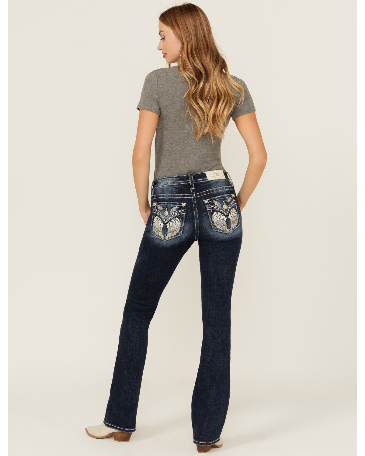 Image #1 - Miss Me Women's Dark Wash Mid Rise Wing Pocket Bootcut Stretch Denim Jeans, Dark Wash, hi-res