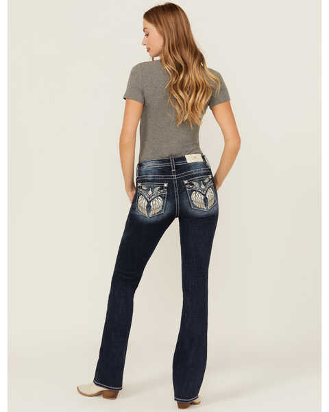 Image #1 - Miss Me Women's Dark Wash Mid Rise Wing Pocket Bootcut Stretch Denim Jeans , Dark Wash, hi-res