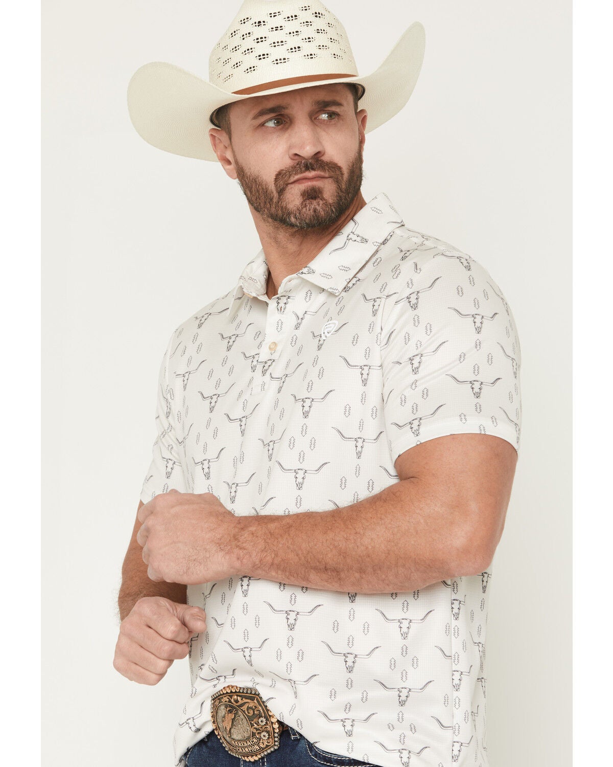 Image #2 - Rock & Roll Denim Men's Steer Skull Print Short Sleeve Button-Down Stretch Polo, Natural, hi-res