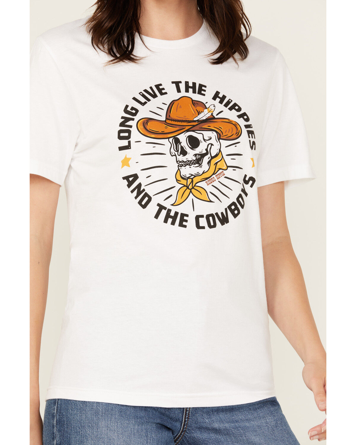 Image #3 - Rodeo Hippie Women's Long Live Cowboys Skull Short Sleeve Graphic Tee, Cream, hi-res