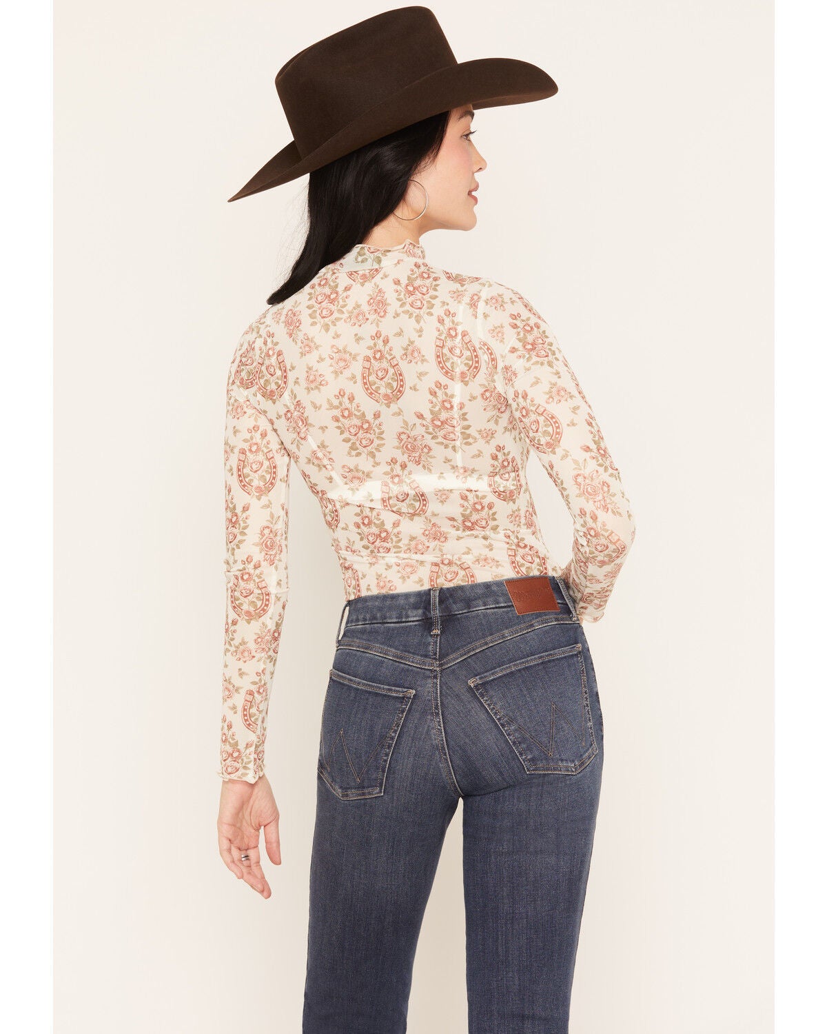 Image #4 - Wonderwest Women's Horseshoe Floral Print Long Sleeve Mesh Top, Cream, hi-res