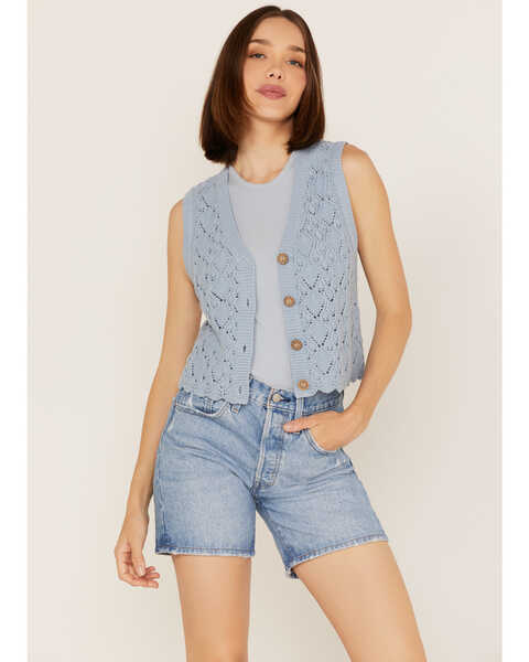 Cleo + Wolf Women's Cropped Knit Sweater Vest, Steel Blue, hi-res