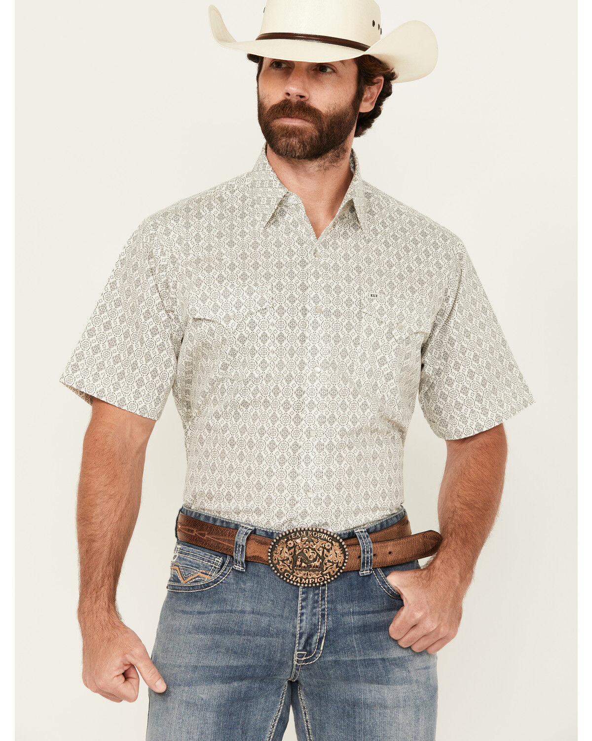 Image #1 - Ely Walker Men's Medallion Print Short Sleeve Snap Western Shirt - Tall, Cream, hi-res