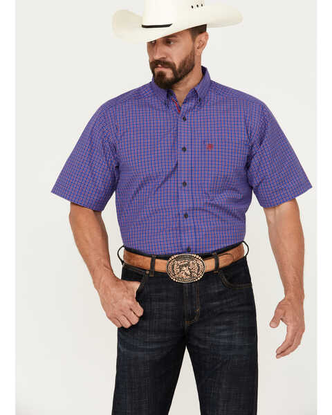 Image #1 - Ariat Men's Jameson Plaid Print Button-Down Short Sleeve Western Shirt, Dark Blue, hi-res
