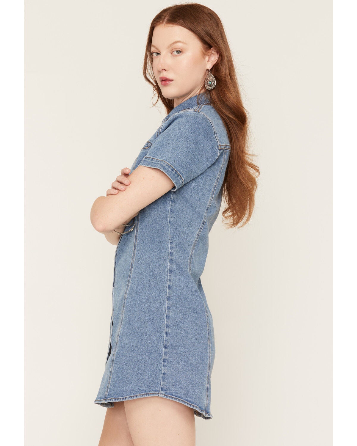 Image #2 - Blue B Women's Boot Barn Exclusive Embroidered Short Sleeve Snap Denim Mini Dress, Medium Wash, hi-res