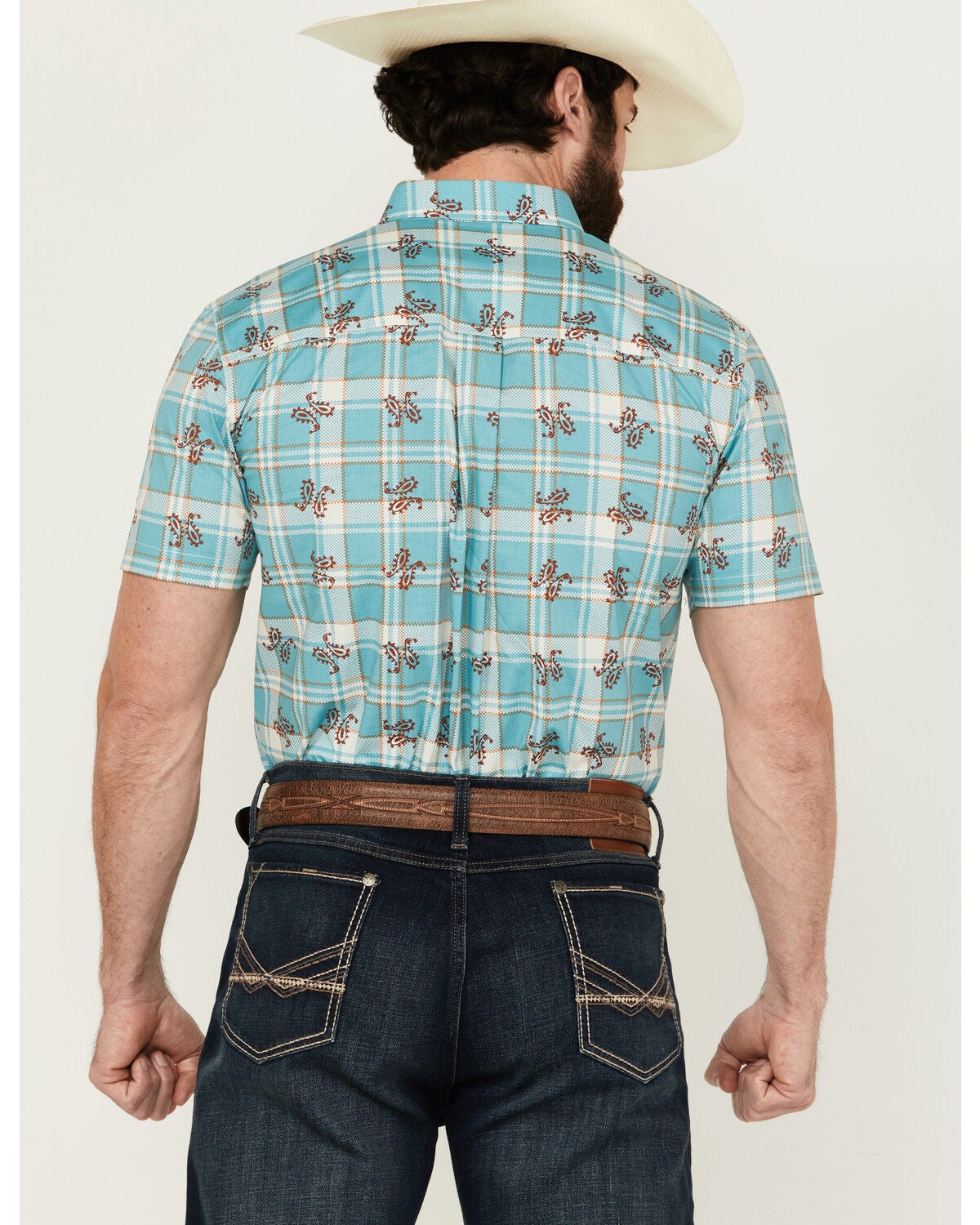 Image #4 - RANK 45&reg; Men's Folklore Plaid Print Short Sleeve Button-Down Performance Stretch Western Shirt, Teal, hi-res