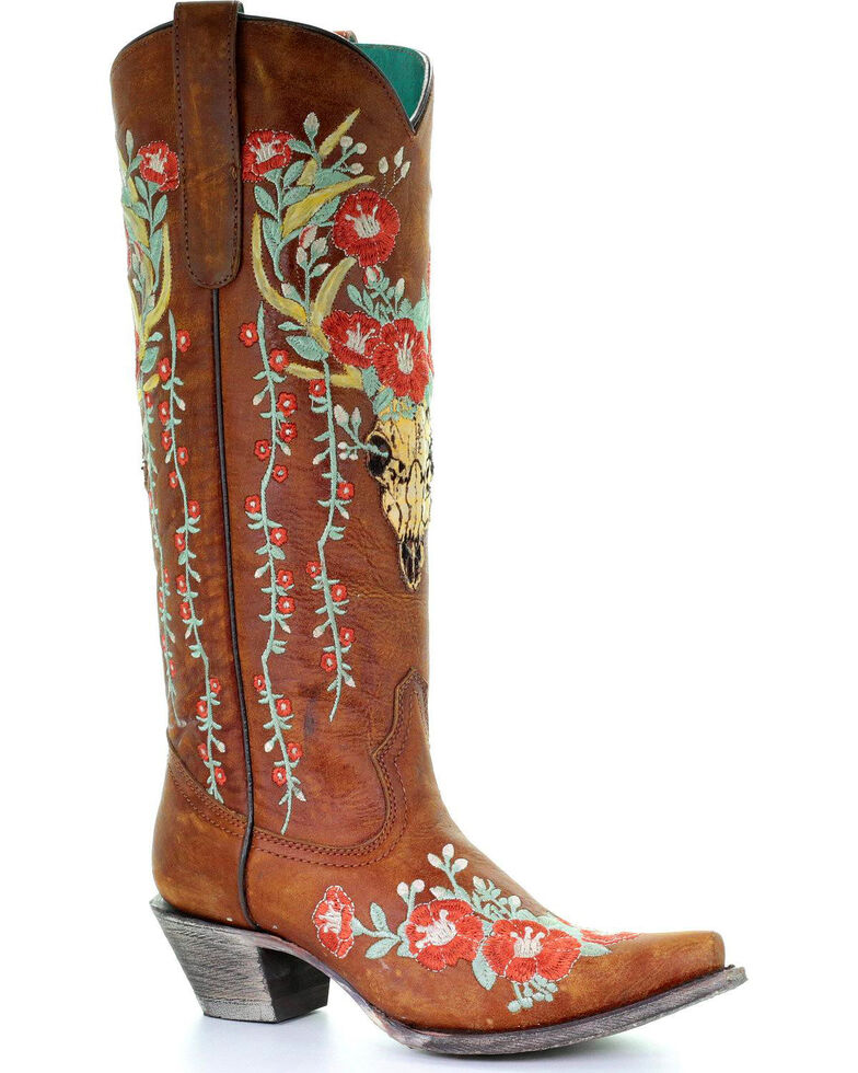 Corral Women's Deer Skull & Floral Embroidery Cowgirl Boots - Snip Toe, Tan, hi-res