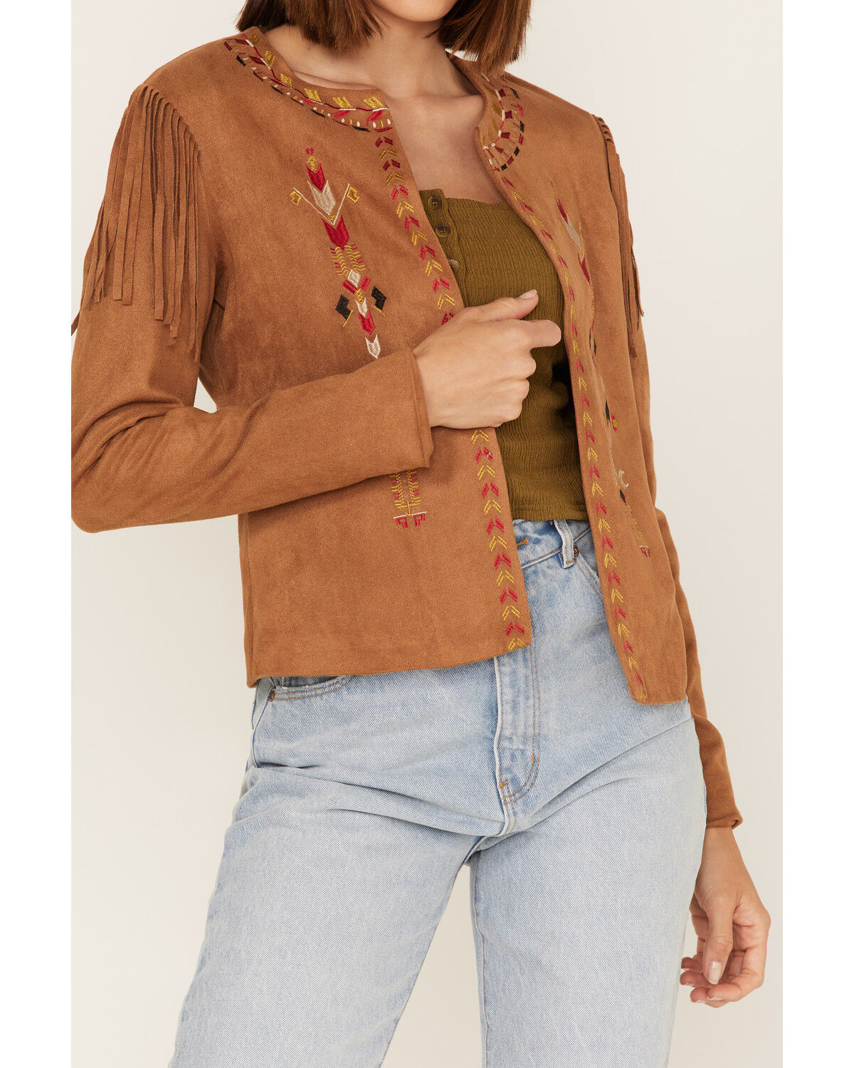 Image #3 - Fornia Women's Faux Suede Fringe Open Jacket, Camel, hi-res