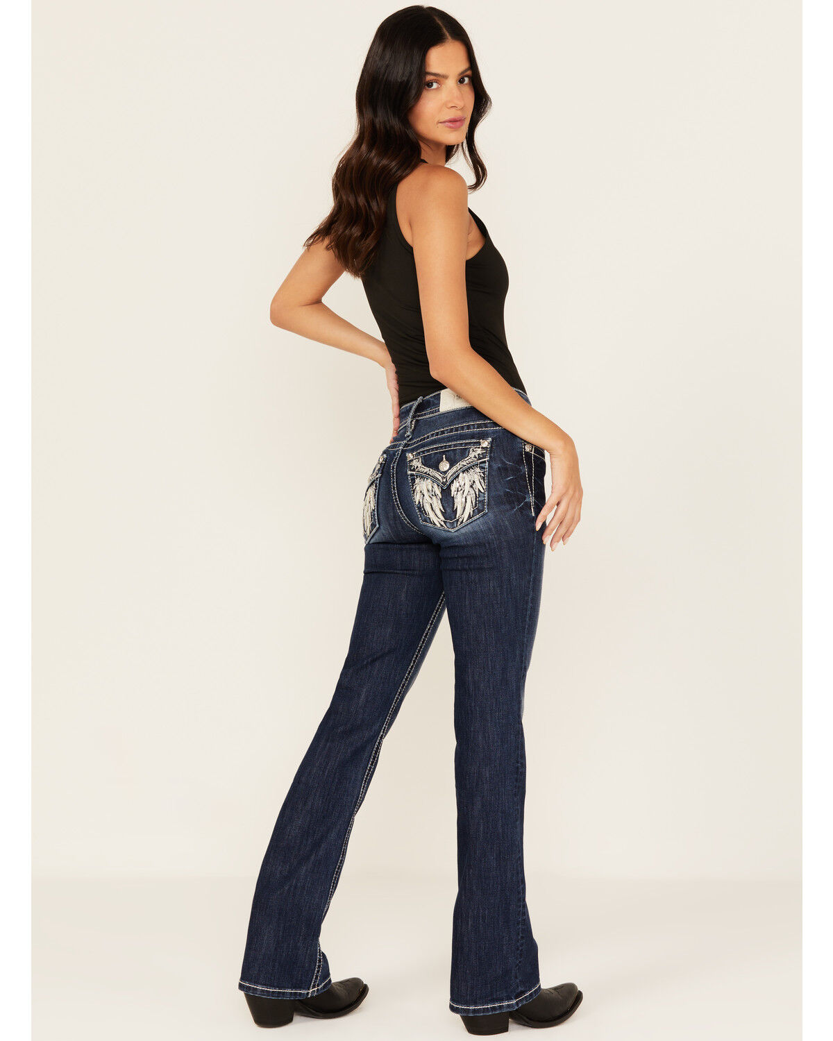 Image #1 - Miss Me Women's Dark Wash Mid Rise Feather Pocket Bootcut Stretch Denim Jeans, Dark Wash, hi-res