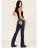 Image #1 - Miss Me Women's Dark Wash Mid Rise Feather Pocket Bootcut Stretch Denim Jeans, Dark Wash, hi-res