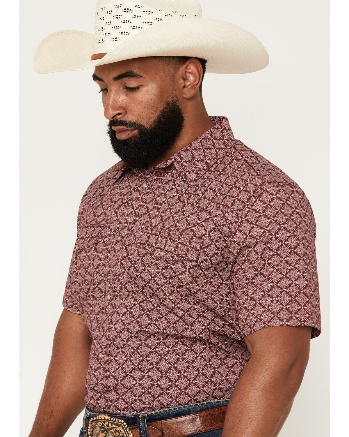 Image #2 - Gibson Trading Co Men's Gypsy Den Medallion Print Short Sleeve Snap Western Shirt - Big, Burgundy, hi-res