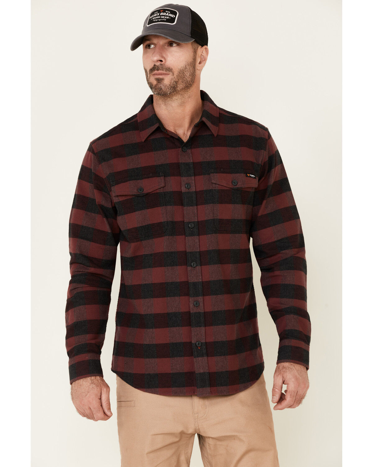 Image #1 - Hawx Men's Dark Red Harris Stretch Plaid Flannel Long Sleeve Button Down Work Shirt, Dark Red, hi-res