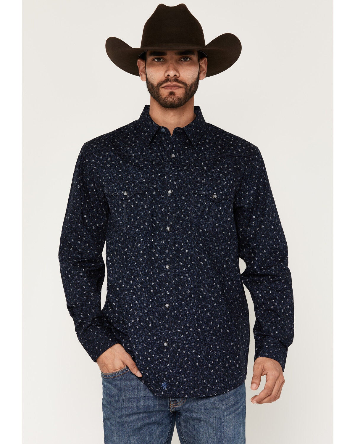 Image #1 - Moonshine Spirit&reg; Men's Wrangler Micro Floral Long Sleeve Snap Western Shirt, Navy, hi-res