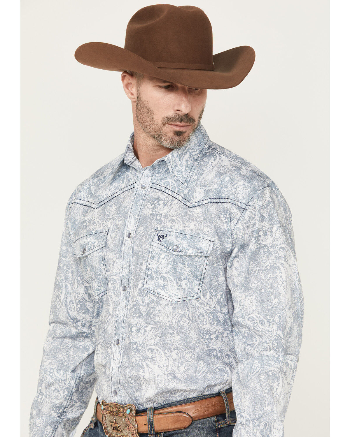 Image #2 - Cowboy Hardware Men's Paisley Print Long Sleeve Snap Stretch Western Shirt, Blue, hi-res